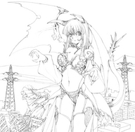 breasts drawing giantess horns tail wings city mega monochrome destruction cleavage demoness giantess_night power_lines