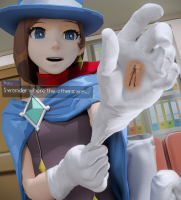 gloves shrunken_man entrapment ace_attorney dialogue digital_render trucy_wright apollo_justice clothing_entrapment hand_play cooliocool7997 breasts brunette hat cape magician looking_at_tiny