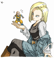 giantess breasts drawing blonde color blue_eyes handheld skirt smiling short_hair boots android_18 dragon_ball shrunken_man jacket striped shirt belt legs_crossed no_background looking_at_tiny krillin dbskakeru1