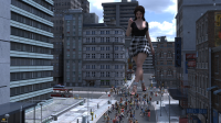 breasts mega long_hair toes cleavage skirt high_heels street bus thighs crowds running_away sign water_tower bare_legs looking_at_tinies taintedwizard giantess city black_hair clothed buildings digital_render