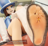 toes soles in_shoe foot_crush shrunken_woman entrapment under_foot ace_attorney dialogue digital_render trucy_wright athena_cykes clothing_entrapment cooliocool7997 blue_eyes brunette boots sitting dressing hat earrings orange_hair bare_legs