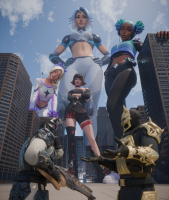 breasts giantess giga city mega blonde black_hair large_breasts long_hair butt armor clothed gun buildings helicopter blue_hair shoes brunette purple_eyes multiple_sizes brown_eyes gloves asian short_hair shorts headphones giantesses mask pants reflection dark_skin outdoors sky closed_eyes hair_bow top headband hands_on_hips leaning_on_building zipper looking_at_tiny digital_render hair_buns bare_midriff arm_crossed nookiidding supernova supernova_ladies haylee_skye lightrider morgan_myst synthwave fortnite