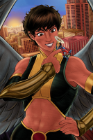 breasts drawing giantess wings black_hair color brown_eyes smiling gloves short_hair shrunken_man pants dark_skin top latina atom looking_at_tiny dc_comics gauntlets bare_midriff hawkgirl haruch1 glasses brunette couple asian abs flower hands_on_hips on_shoulder ryan_choi