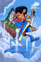 skirt water ocean clouds costume bare_legs breasts giantess city mega black_hair island boots sitting dark_skin wonder_woman bracelet tiara legs_crossed swords dc_comics claw7705 floating_island nubia