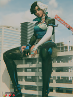 breasts giantess white_hair city mega black_hair destruction buildings gloves asian boots sitting shorts jacket choker costume closed_eyes sitting_on_building crane bare_legs marvel_comics jessicagts luna_snow marvel_rivals