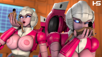breasts nipples giantess nude color large_breasts robot penis blue_eyes handheld blowjob shrunken_man looking_at_tiny digital_render transformers arcee hotstuff_03