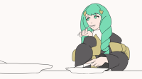 giantess vore blushing color long_hair tongue teeth handheld green_eyes smiling green_hair uvula twintails mawshot animation table eating inside_mouth swallowed point_of_view looking_at_viewer throat_view internal_view fire_emblem kronguss flayn_(fire_emblem)