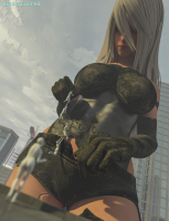 giantess white_hair panties city color long_hair robot clothed handheld buildings low_angle gloves looking_down dangle outdoors sky tinies top a2 panty_entrapment digital_render anon nier_automata nellielle2