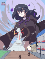 drawing giantess pokemon city black_hair color long_hair destruction clothed buildings huge_breasts low_angle dress kneeling clouds outdoors sky bow tinies running_away hex_maniac gamefreakdx human hex_maniac_(pokemon_legends_z-a) pokemon_legends_z-a
