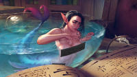 mermaid shrunken_woman breasts nude black_hair long_hair blue_eyes bath water wet glasses blue_hair elf bowl indoors book wet_hair pointed_ears bookshelf in_container ripples solo 1girl partially_submerged krysdecker