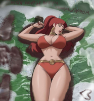 drawing giantess panties giga city sleeping color large_breasts long_hair destruction cleavage bra giganta red_hair lying_down legs belly foot_print clouds thighs outdoors choker closed_eyes earrings hand_print dc_comics bare_midriff lying_on_back microbiaart ai_art
