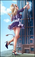 giantess elf maid_uniform breasts blonde long_hair butt blue_eyes high_heels smiling lips dress legs day cloud sky looking_back behind_view pointed_ears maid_headdress teaquill solo medium_breasts 1girl