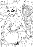 comic monochrome long_hair smiling dress sketch english looking_back looking_at_viewer speech_bubble guireyart10 greyscale 1girl emphasis_lines disney duck_dodgers cartoon_network buzz_lightyear_of_star_command alien giantess mega butt multiple_sizes queen_tyrahnee mira_nova