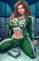 giantess squid_games breasts large_breasts long_hair barefoot brunette brown_eyes lips sitting kneeling navel abs pants athletic jacket bare_midriff mtolympuscomics solo 1girl collarbone