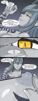 breasts drawing nipples giantess micro horns comic color handheld huge_breasts tiny yellow_eyes story succubus demoness fingers grey_hair dialogue vaderaz pinched anon grey_skin breast_vore speech_bubble laleiss_(vaderaz)