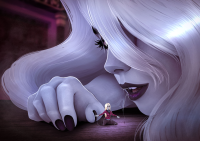 giantess mouthplay hazbin_hotel vaggie charlie_morningstar breasts drawing white_hair blonde color saliva demon kneeling demoness shrunken_woman pants white_skin looking_at_tiny ondieony