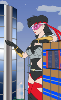 breasts drawing giantess city mega black_hair color handheld cleavage buildings gloves asian leotard headband leaning_on_building looking_at_tiny bare_legs feyzer sliced_ice sky_surfers_strike_force clouds visor