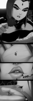 breasts drawing giantess comic monochrome large_breasts mouth handheld raven teen_titans gloves short_hair beast_boy rose shrunken_man indoors costume point_of_view leotard dialogue looking_at_tiny dc_comics ravenravenraven teasing