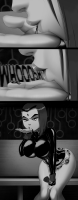 breasts drawing giantess comic monochrome large_breasts butt mouth handheld raven teen_titans gloves short_hair kissing beast_boy rose shrunken_man teasing falling thighs indoors costume point_of_view belt leotard bending_down dialogue blowing looking_at_tiny dc_comics ravenravenraven