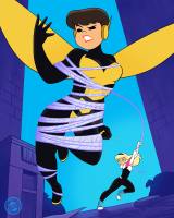 breasts drawing wings city blonde color long_hair buildings shoes brunette short_hair thighs trash costume hairband gwen_stacy janet_van_dyne spider-man spider-gwen the_wasp spunkbug web marvel_comics