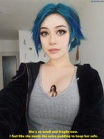 blue_hair brown_eyes lips short_hair nose jacket freckles undressing shirt looking_at_viewer leather_jacket closed_mouth open_jacket realistic 1girl upper_body web_address riboflavin96 black_jacket giantess cleavage smiling shrunken_woman between_breasts