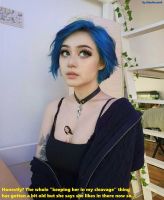 giantess cleavage smiling shrunken_woman between_breasts black_hair blue_hair brown_eyes lips short_hair indoors choker freckles shirt looking_at_viewer plants potted_plant solo realistic 1girl upper_body black_choker riboflavin96