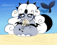 breasts drawing gentle giantess white_hair blushing color long_hair clothed beach cleavage water huge_breasts mermaid smiling love day shrunken_man outdoors looking_at_tiny grey_skin cookie_run between_breasts cookie_run_kingdom magpiered black_pearl_cookie lord_oyster_cookie