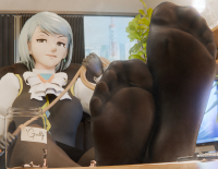 feet toes soles gloves nylons shrunken_man ace_attorney in_sock steam digital_render franziska_von_karma nylons_entrapment clothing_entrapment cooliocool7997 breasts white_hair black_hair slave yellow_eyes sitting office jar foot_slave whip