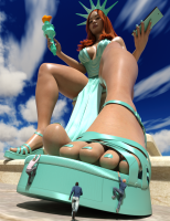 breasts giantess mega large_breasts long_hair toes cleavage red_hair dress sitting sandals phone crown cosplay thighs statue_of_liberty crowds torch green_nails bare_legs looking_at_tinies anttiergod climbing