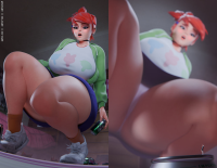 breasts panties upskirt comic large_breasts skirt green_eyes shoes red_hair ponytail short_hair frankie_foster shrunken_man thighs indoors crouching jacket choker bedroom point_of_view earrings top soda_can thick_thighs looking_at_tiny digital_render bare_legs fosters_home_for_imaginary_friends hair_pin env_light cartoon_network
