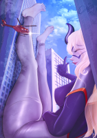 breasts drawing giantess horns city mega blonde color large_breasts destruction toes barefoot buildings helicopter gloves sitting mask clouds thighs costume closed_eyes between_buildings my_hero_academia ondieony