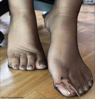 giantess feet foot_worship nylons shrunken_man close_up nail_polish black_legwear wooden_floor realistic signature 1girl photorealistic fine_fabric_emphasis