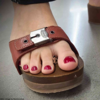 feet foot_worship sandals shrunken_man close_up photograph digital_render realistic 1boy male_focus red_nailpolish chunky_sandals giantess