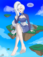 breasts giantess white_hair feet city long_hair blue_eyes barefoot cleavage ponytail dress sitting day cloud english sky jewelry earrings side_ponytail legs_crossed scar weiss_schnee long_sleeves solo floating_island 1girl boots_removed scar_across_eye moonlightsparkle9 rwby