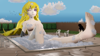 breasts giantess nude mega blonde black_hair long_hair toes barefoot bath pool chair soapy on_leg looking_at_tiny digital_render rwby yang_xiao_long convenient_censorship studiolaptop