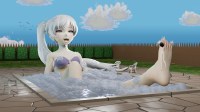 bikini breasts giantess white_hair nude mega black_hair long_hair butt toes barefoot bath ponytail pool chair earrings on_toe soapy looking_at_tiny digital_render rwby convenient_censorship weiss studiolaptop