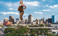 city buildings skyline tree short_hair day skyscraper open_mouth sunglasses cloud vehicles outdoors sky cmwaters solo scenery 1girl photo_background giantess wrestling toni_storm