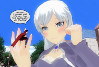 breasts giantess white_hair blushing black_hair long_hair blue_eyes ponytail day cloud english outdoors sky jewelry looking_at_viewer scar weiss_schnee silverstranger multiple_girls 2girls rwby