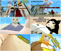 bikini breasts giantess blonde black_hair long_hair butt swimsuit blue_eyes sword cleavage gun skirt purple_eyes yellow_eyes gloves red_hair boots weapon english point_of_view bikini_top thigh_highs elbow_gloves scarf yang_xiao_long multiple_girls medium_breasts aconceptortwo rwby