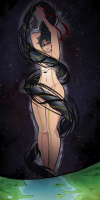 giantess furry earth tail space black_hair long_hair planet smiling moon night sky starry_sky sihagen night_sky very_long_hair solo 1girl 1boy arms_up star_(sky) male_focus bayonetta_(character)