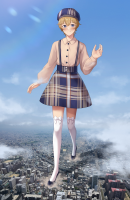 drawing blushing giga city blonde color destruction giant male blue_eyes skirt buildings shoes stockings smiling foot_crush day walking clouds outdoors sky hat sunny shirt waving crossdressing femboy blackswamp0808 cassius_lowell