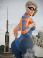 breasts city mega blonde large_breasts butt blue_eyes buildings green_eyes superhero couple gloves short_hair mountains mask smoke thighs date costume looking_behind thick_thighs looking_at_tiny digital_render high_rise justablenderusername giantess