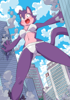 breasts giantess panties furry tail cat city destruction cleavage bra buildings cat_girl purple_skin dangerking11 drawing blushing color smoke thighs whiskers bare_legs bare_midriff