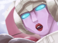 drawing giantess micro giga color robot blue_eyes handheld looking_at_tiny transformers arcee pocket_secret