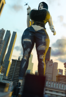 pubic_hair high_heels huge_breasts street vehicles top ripped_jeans sign thick_thighs armbands grey_skin bare_midriff breasts giantess city mega black_hair large_breasts barefoot buildings helicopter jeans raven teen_titans short_hair thighs belt digital_render dc_comics hair_streak meiirii