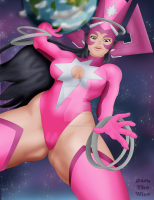 breasts drawing giantess earth space black_hair color long_hair crossover handheld purple_eyes galacta helmet dc_comics cosmic_giantess marvel_comics star_sapphire darkthewise camel_toe boots leotard stars fusion