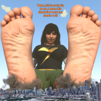 breasts growth giantess giga city black_hair large_breasts destruction toes barefoot buildings smiling short_hair sitting foot_crush explosion pants dark_skin clouds debris digital_render ms_marvel marvel_comics kamala_khan harbingerinfinit