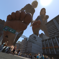 breasts giantess city mega blonde large_breasts toes barefoot cleavage buildings street red_hair short_hair boots foot_crush giantesses thighs belt jumpsuit crowds bracelet running_away imminent_crush zipper thick_thighs black_widow digital_render marvel_comics looking_at_tinies harbingerinfinit white_widow yelena_belova