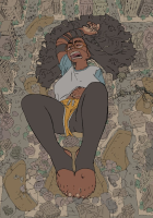 rampage shorts debris breasts drawing giantess city mega sleeping black_hair color long_hair destruction toes barefoot buildings glasses lying_down dark_skin closed_eyes foot_prints oeua_frownie