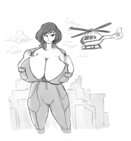 breasts drawing giantess mega monochrome cleavage buildings helicopter huge_breasts thighs jumpsuit teenage_mutant_ninja_turtles april_oneil looking_at_tiny thexanafar
